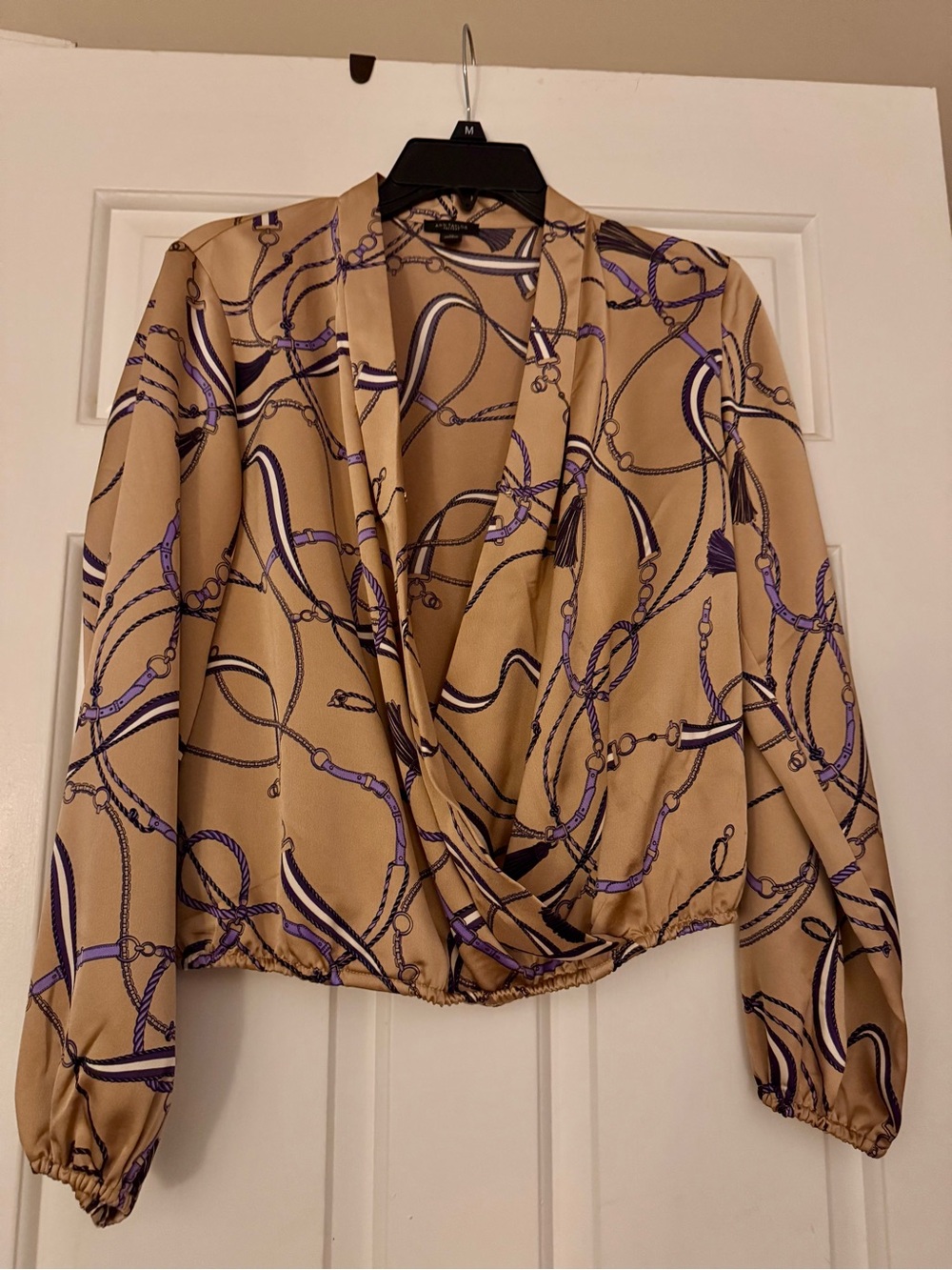 Ann Taylor Factory Beige Wrap Blouse with Purple Chain Print